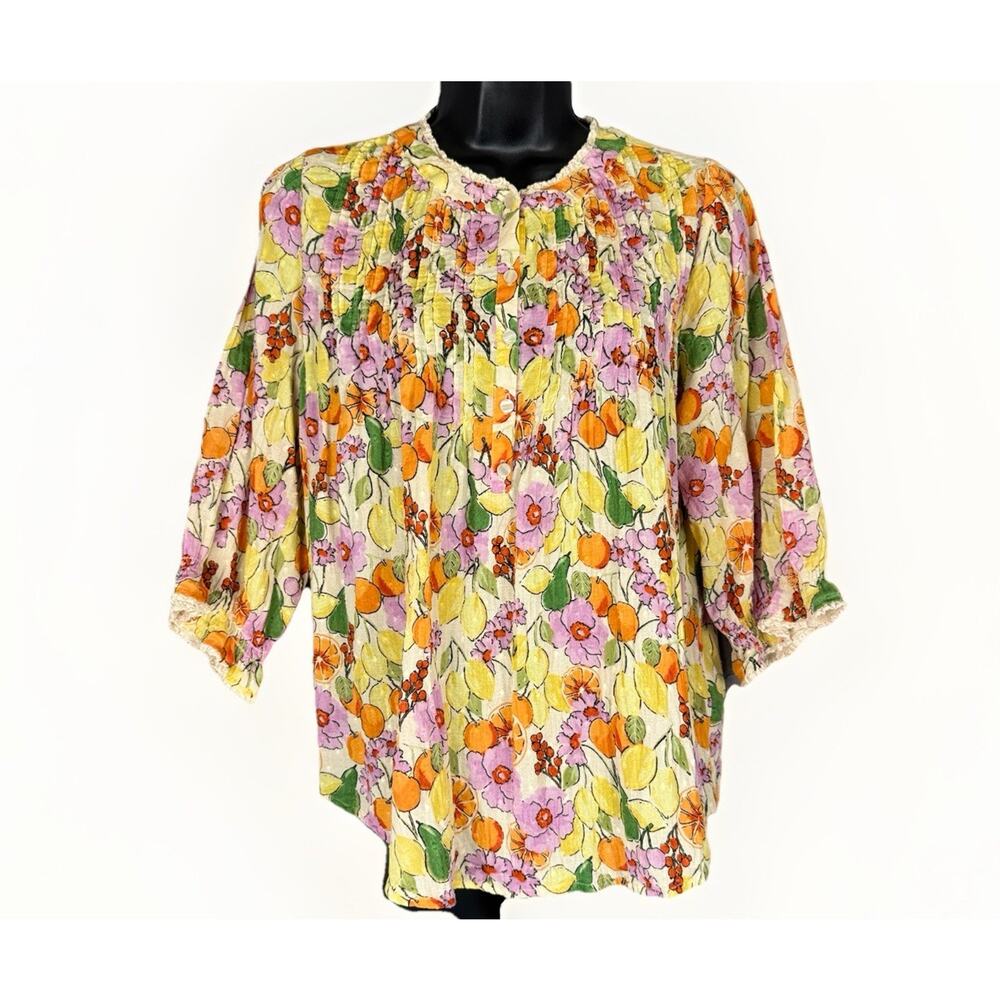 Democracy Rainbow Fruit Cotton‎ Blouse Medium 3/4 Sleeves Button Lace Artsy Top